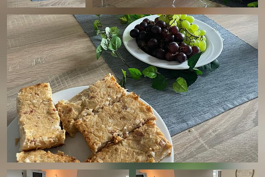Collage aus vier Fotos zeigt gedeckten Esstisch mit grünem Geschirr, Obst und Gebäck sowie eine Gruppe von Menschen beim gemeinsamen Essen in einem hellen Raum mit Fenster und Spiegel