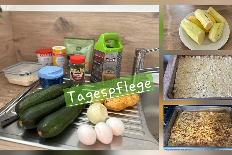 Küchenarbeitsplatte mit Zucchini, Eiern, Gewürzen und Reibe, daneben drei Bilder mit geschälten Kartoffeln, einem mit Mehl bestreuten Backblech und einem gebackenen Auflauf.