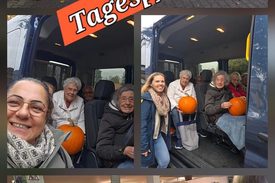 Bildercollage - Besuch in der Tagespflege: Senioren mit Kürbissen, in einem Bus und beim Einkaufen von Gemüse.