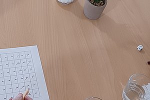 Mehrere Personen sitzen an einem Holztisch mit Notizblöcken, Stiften, zwei Gläsern Wasser, einem kleinen Topf mit grüner Pflanze und einem Zuckerstreuer