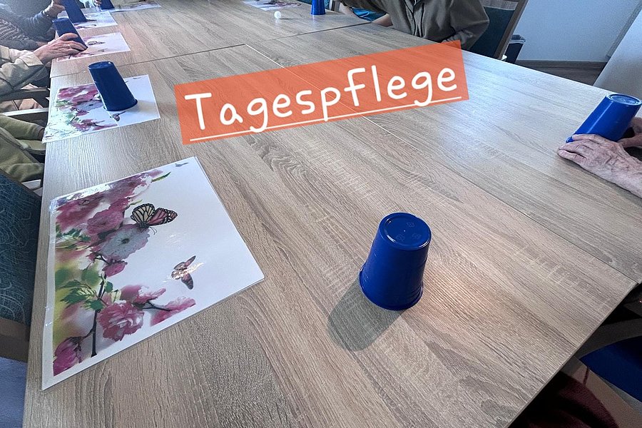Mehrere ältere Menschen sitzen an einem Holztisch mit bunten Papieren und blauen Bechern darauf, darüber der Schriftzug 'Tagespflege'