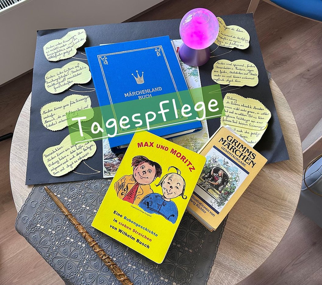 Auf einem runden Tisch liegen drei Bücher, darunter ein gelbes "Max und Moritz"-Buch, ein blaues "Märchenland Buch" und ein "Grimms Märchen"-Buch, umgeben von mehreren handgeschriebenen Notizzetteln und einer kleinen pink leuchtenden Lampe.