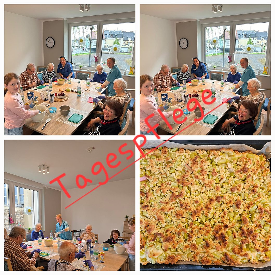 Mehrere ältere Menschen sitzen an einem Tisch in einem hellen Raum, auf dem Tisch stehen Backutensilien und Zutaten, daneben ein gebackener Kuchen auf einem Blech