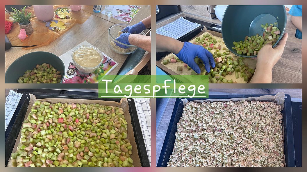Vier Fotos zeigen die Zubereitung eines Gerichts mit geschnittenem Gemüse auf einem Backblech, darunter das Verteilen eines Teigs und das Bedecken mit einer Streuselschicht, mit dem Schriftzug 'Tagespflege'