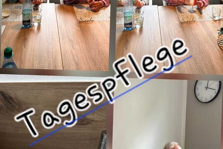 Collage aus vier Fotos mit älteren Menschen an einem Holztisch, darunter ein Schriftzug 'Tagespflege'