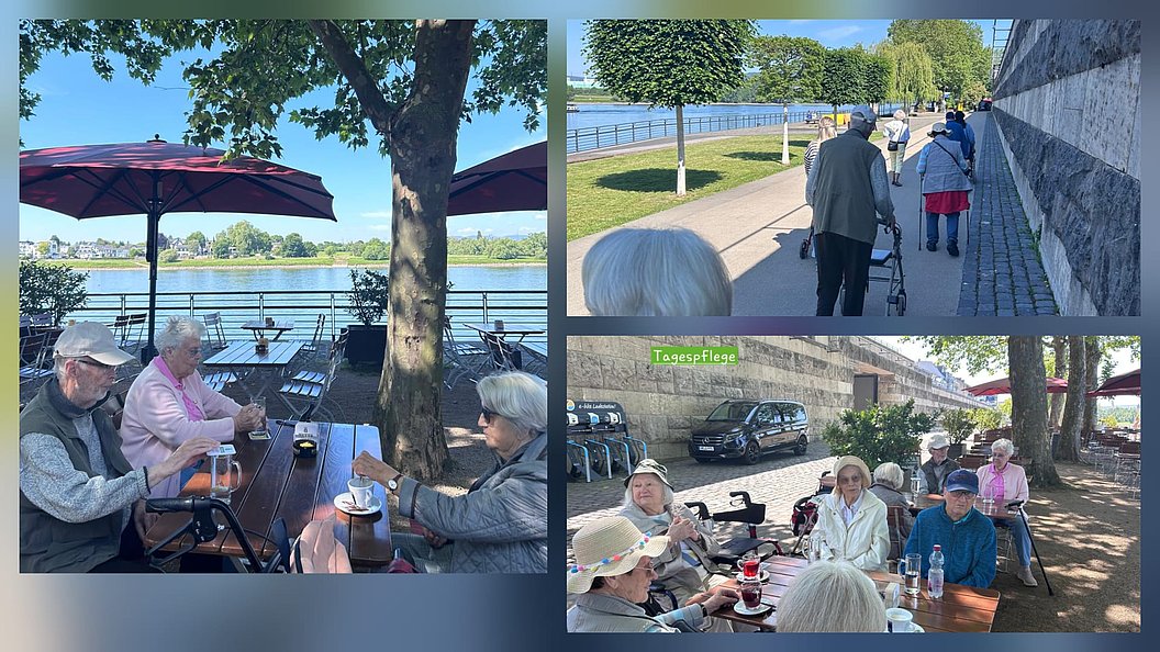 Senioren genießen Zeit am Wasser, bei Kaffee und Gesprächen, unter Sonnenschirmen im Freien.