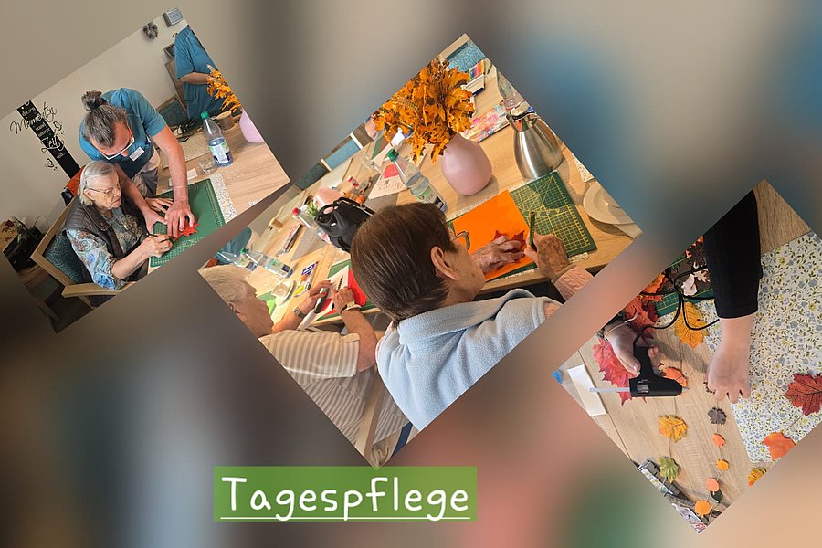 Drei Fotos zeigen Menschen bei Aktivitäten in der Tagespflege, darunter gemeinsames Basteln und Unterstützung beim Malen