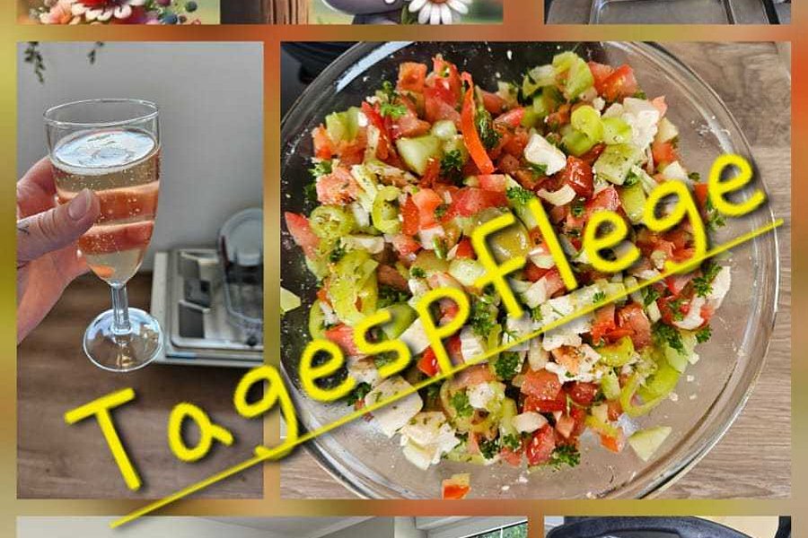 Collage aus fünf Fotos mit einem Guten-Morgen-Gruß, einem Sandwich-Maker, einem Glas mit Getränk und Tabletten, einem Salat mit dem Schriftzug 'Tagespflege' und einer Gruppe gebackener Snacks auf einem Backblech.