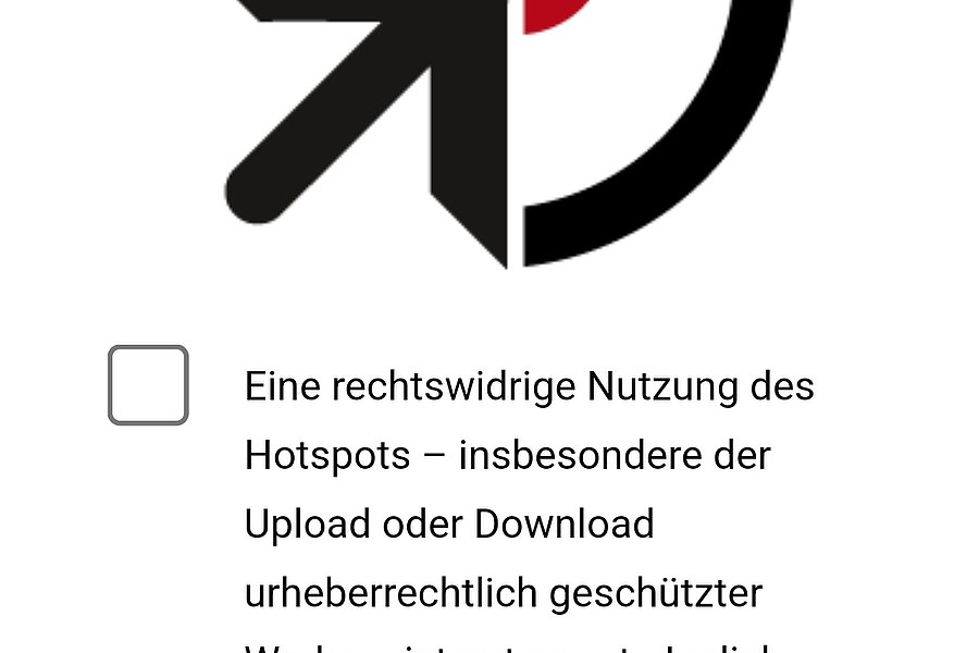 Screenshot einer Webseite zur Anmeldung in einem WLAN-Hotspot mit einem großen Pfeilsymbol in einem Kreis und Text zu rechtswidriger Nutzung und Datenschutzinformationen.