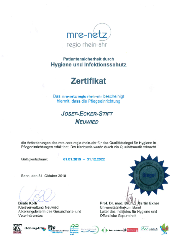 Zertifikat des mre-netz regio rhein-ahr für Hygiene und Infektionsschutz, ausgestellt an Josef-Ecker-Stift Neuwied, gültig vom 01.01.2019 bis 31.12.2022, mit Unterschriften und blauem Siegel.