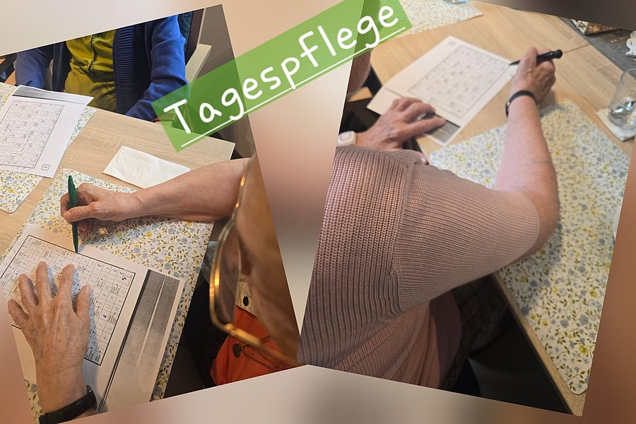 Aktivitäten in der Tagespflege: Senioren beim Ausfüllen von Kreuzworträtseln auf einem Tisch.