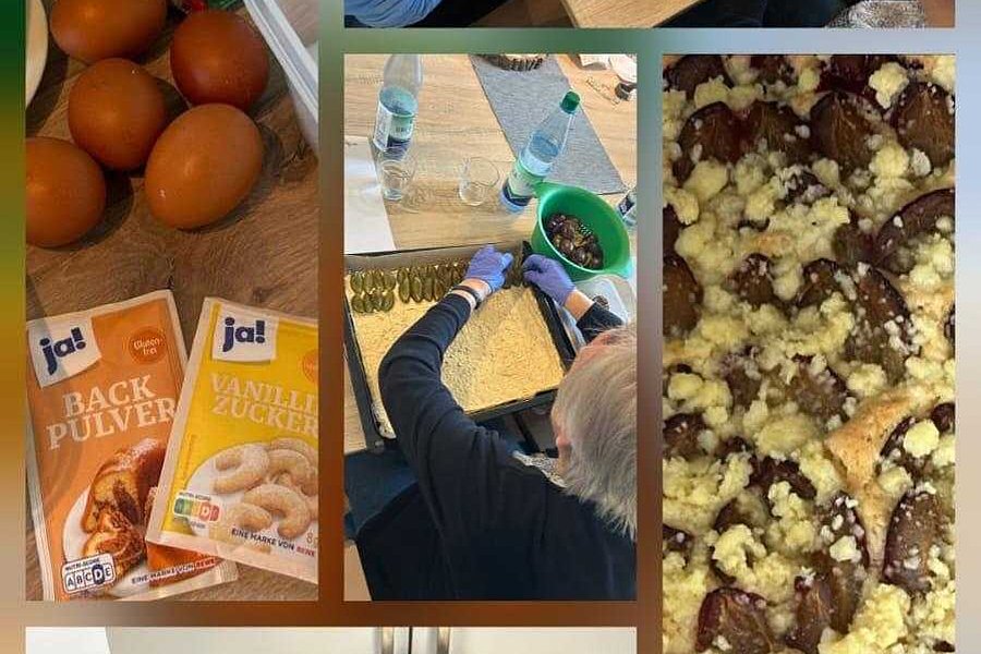 Mehrere Fotos zeigen Menschen beim Backen in einer Küche mit Zutaten wie Eiern, Backpulver und einer Teigmasse mit Rosinen