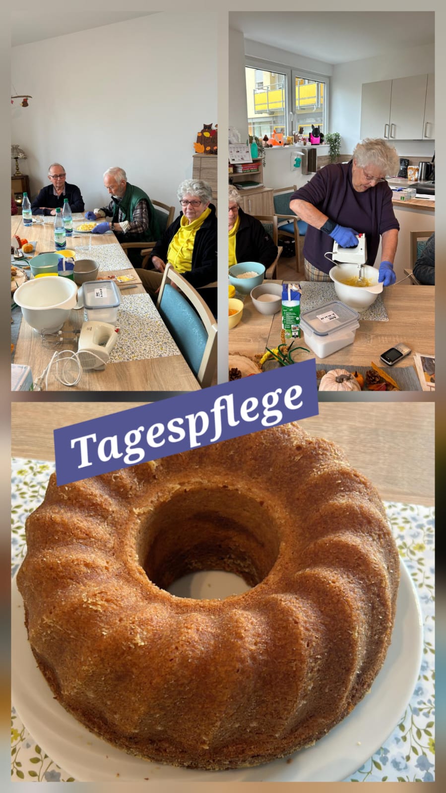 Blick auf einen Gugelhupf in der Tagespflege mit Menschen am Tisch und Aktivitäten in der Küche.