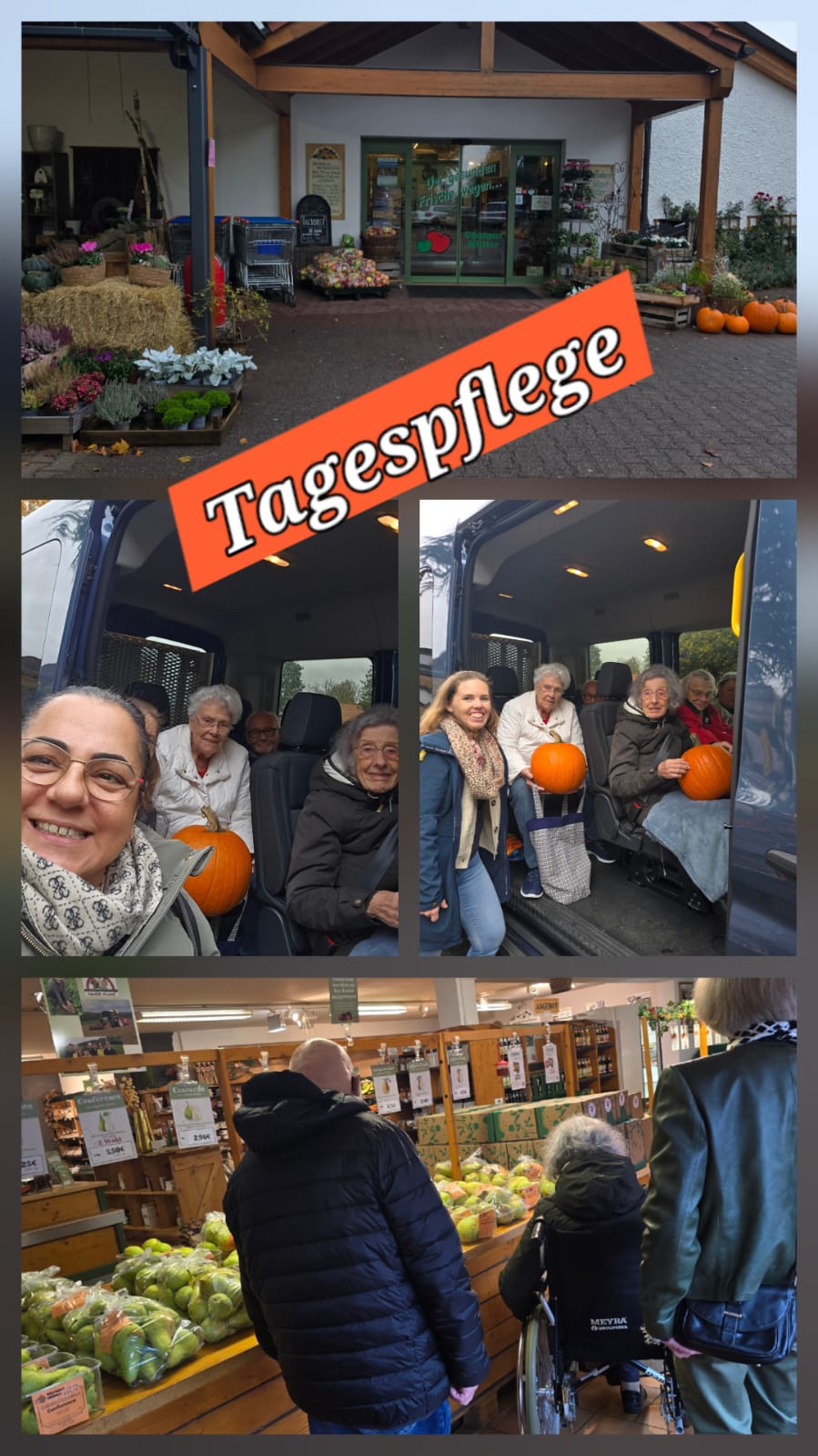 Bildercollage - Besuch in der Tagespflege: Senioren mit Kürbissen, in einem Bus und beim Einkaufen von Gemüse.