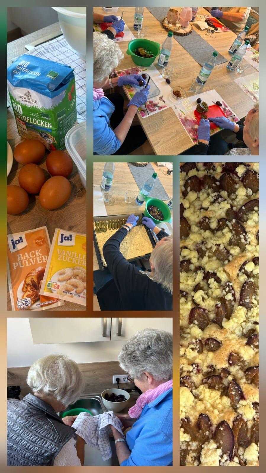 Mehrere Fotos zeigen Menschen beim Backen in einer Küche mit Zutaten wie Eiern, Backpulver und einer Teigmasse mit Rosinen
